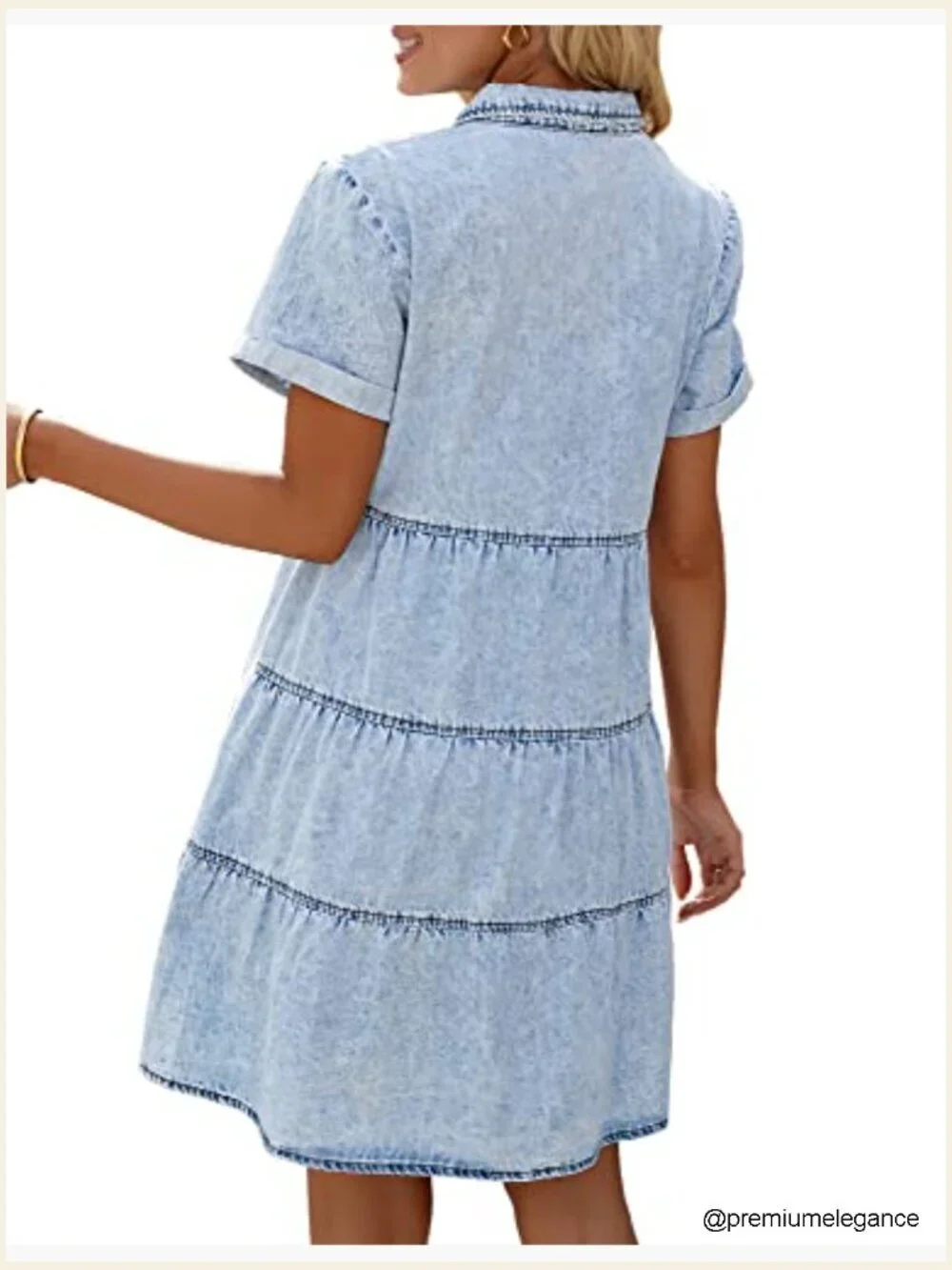 Short Sleeve Button Down Flowy Tiered Babydoll Denim Dress Casual - Picture 4 of 7